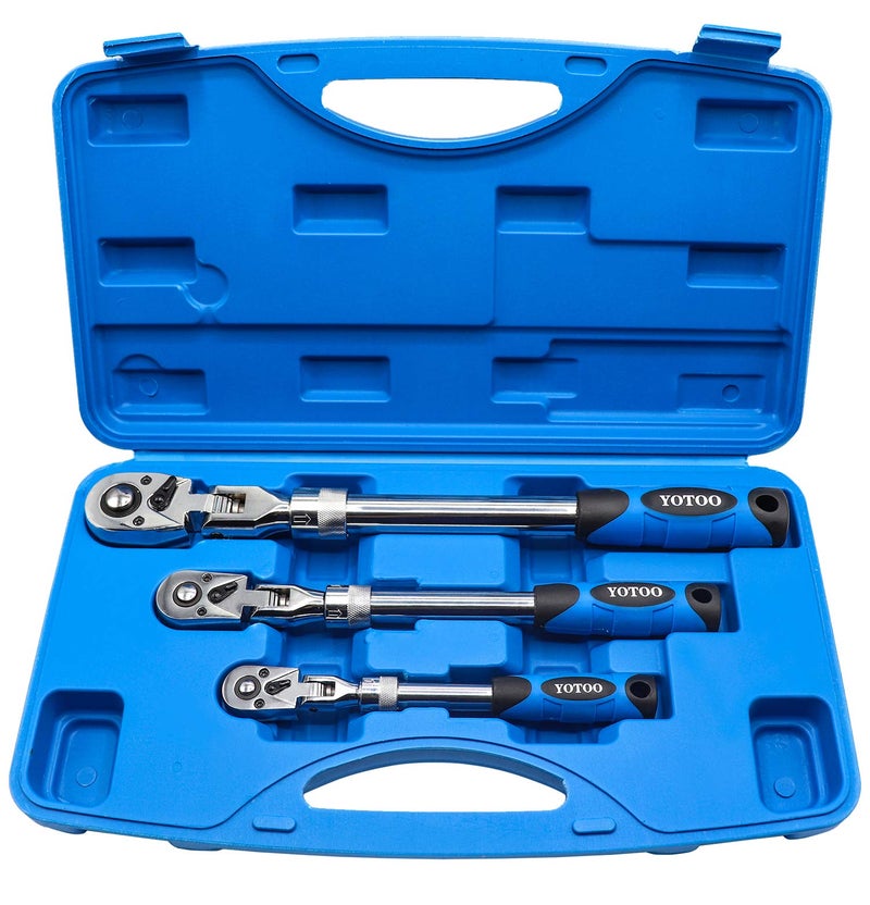 YOTOO Extendable Ratchet Set 3Pcs 1/4", 3/8" & 1/2" Drive 72 Tooth Flex-Head Quick Release Locking Ratchets - Image 1