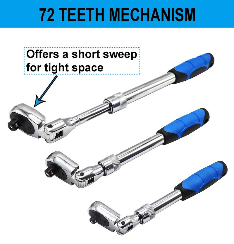 YOTOO Extendable Ratchet Set 3Pcs 1/4", 3/8" & 1/2" Drive 72 Tooth Flex-Head Quick Release Locking Ratchets - Image 5