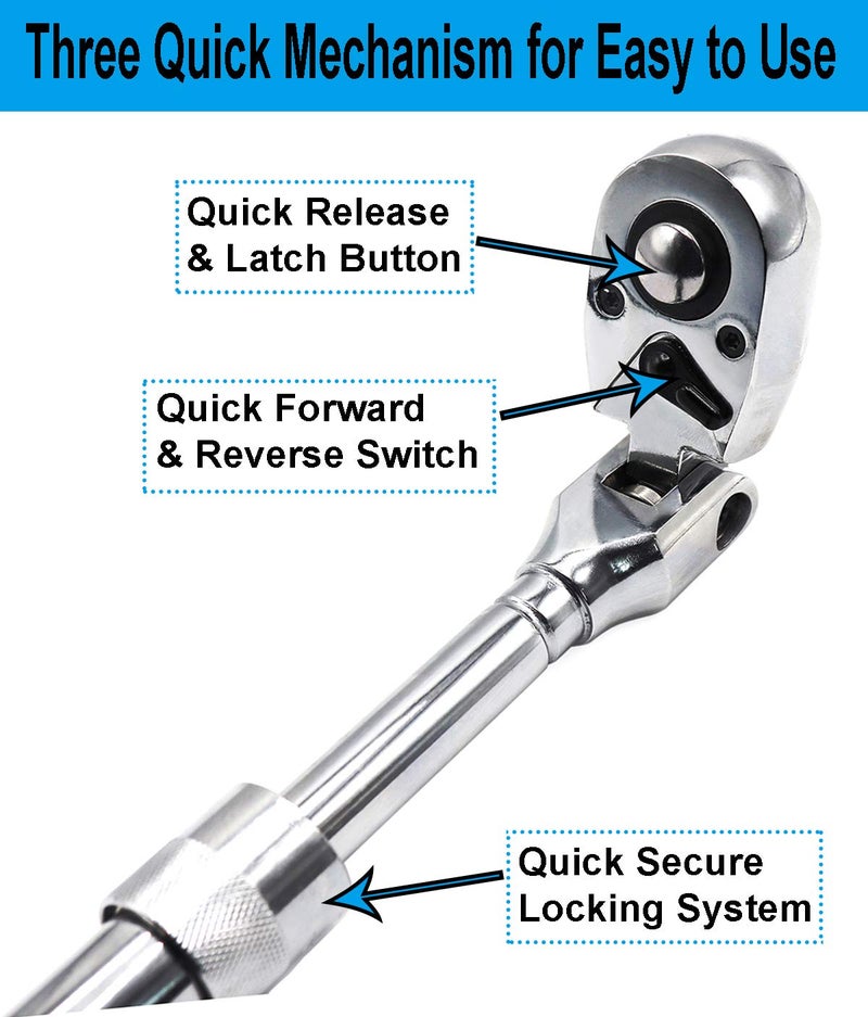 YOTOO Extendable Ratchet Set 3Pcs 1/4", 3/8" & 1/2" Drive 72 Tooth Flex-Head Quick Release Locking Ratchets - Image 3