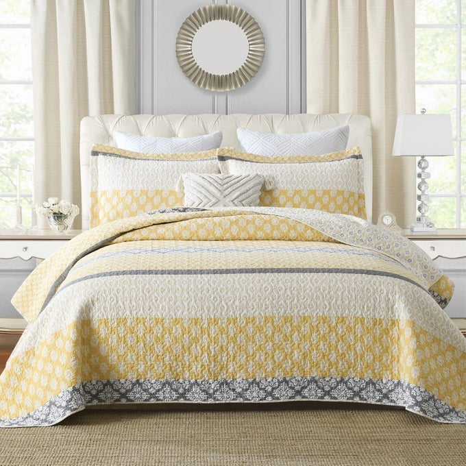 QUILT KING SIZE KING QUILT SET 100 COTTON FLORAL QUILT KING QUILT BEDDING SET BEDSPREADS PATCHWORK REVERSIBLE LIGHTWEIGHT COMFORTER BED SPREAD FOR ALL SEASON YELLOWGRAY 3 PIECES