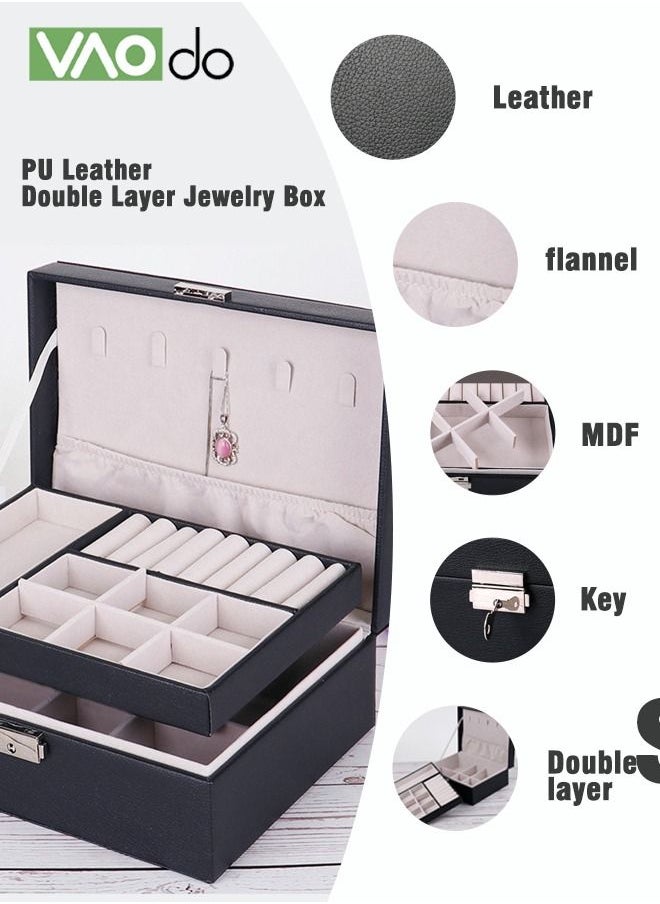 2- Leather Jewelry Organizer Box Necklace Earrings Velvet Lined Locked Partition Organizer