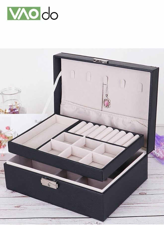 2- Leather Jewelry Organizer Box Necklace Earrings Velvet Lined Locked Partition Organizer