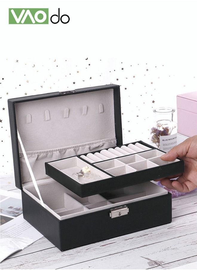 2- Leather Jewelry Organizer Box Necklace Earrings Velvet Lined Locked Partition Organizer