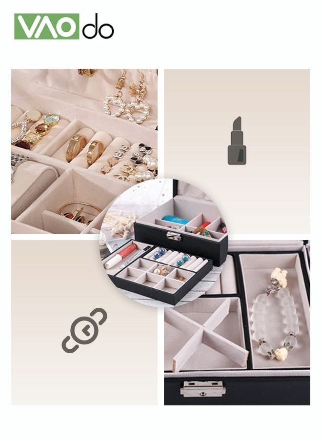 2- Leather Jewelry Organizer Box Necklace Earrings Velvet Lined Locked Partition Organizer