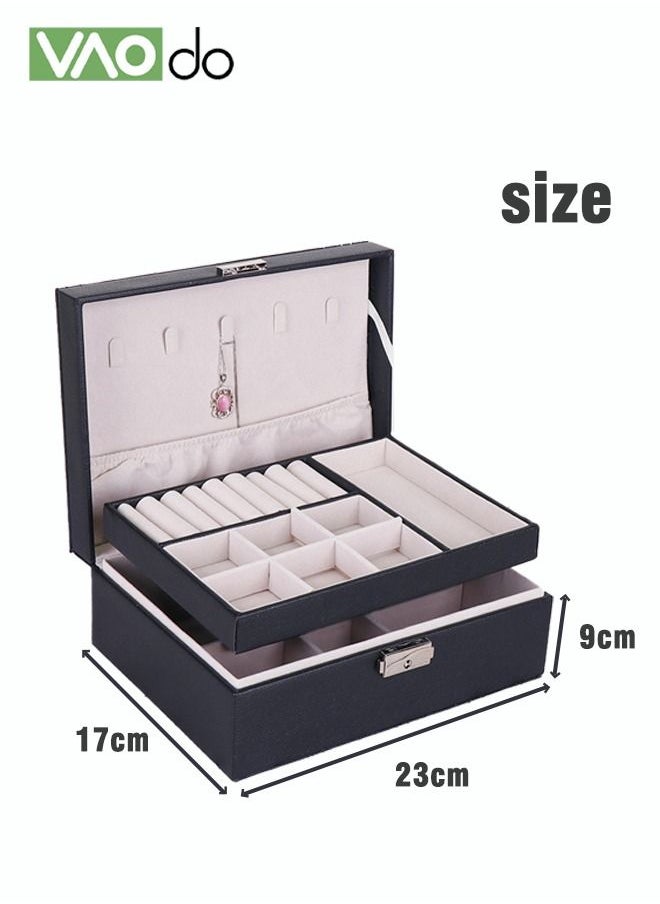 2- Leather Jewelry Organizer Box Necklace Earrings Velvet Lined Locked Partition Organizer