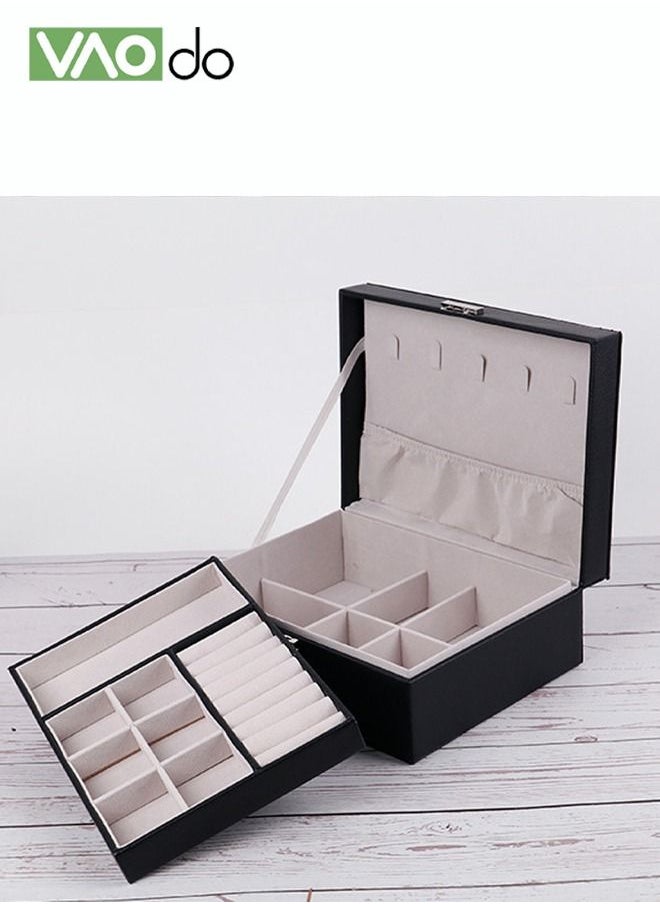2- Leather Jewelry Organizer Box Necklace Earrings Velvet Lined Locked Partition Organizer