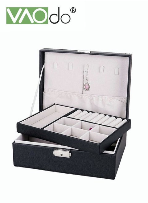 2- Leather Jewelry Organizer Box Necklace Earrings Velvet Lined Locked Partition Organizer