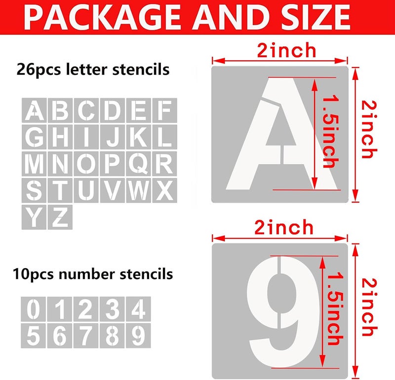 YEAJON 2 Inch Letter Stencils and Numbers, 36 Pcs Alphabet Art Craft Stencils, Reusable Plastic Templates for Wood, Wall, Fabric, Rock, Signage, DIY Art Projects - Image 2