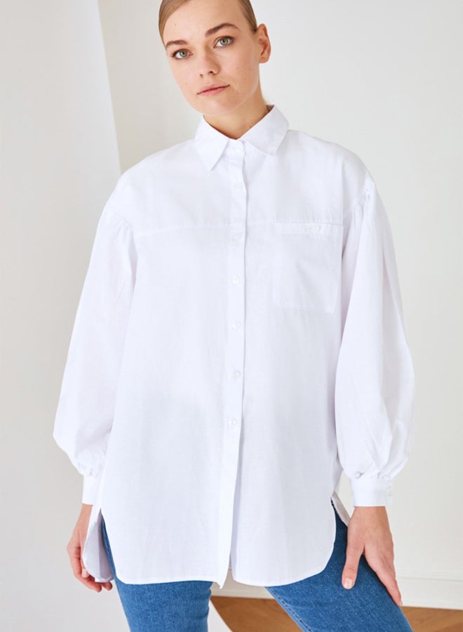 trendyol White Balloon Back Sleeve Long Pocket Detail Basic Woven Shirt - Image 2