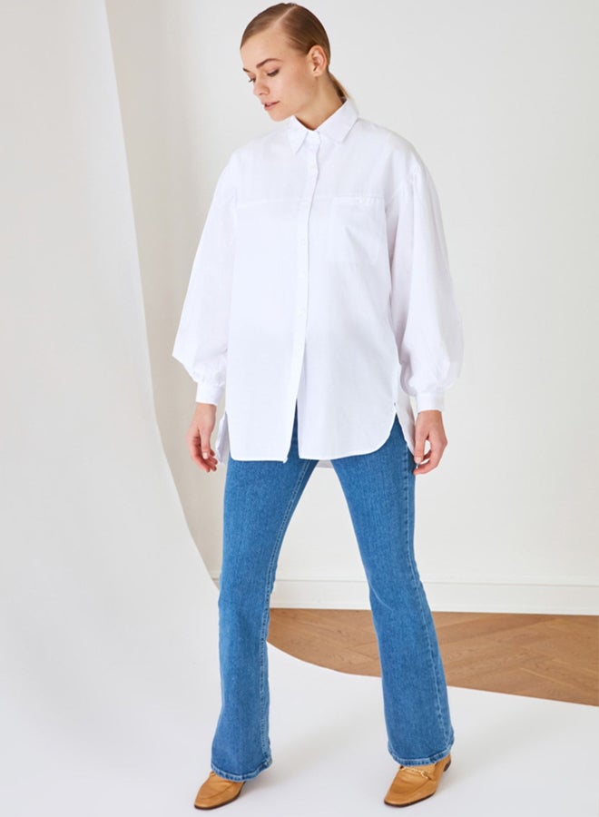 trendyol White Balloon Back Sleeve Long Pocket Detail Basic Woven Shirt - Image 4