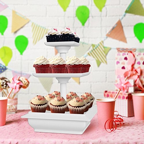 Chef Buddy 3-Tier Cupcake Stand - Square Display Stand for Birthday, Tea Party, Wedding, or Baby Showers - Dessert Table Display Set (White) - Image 4