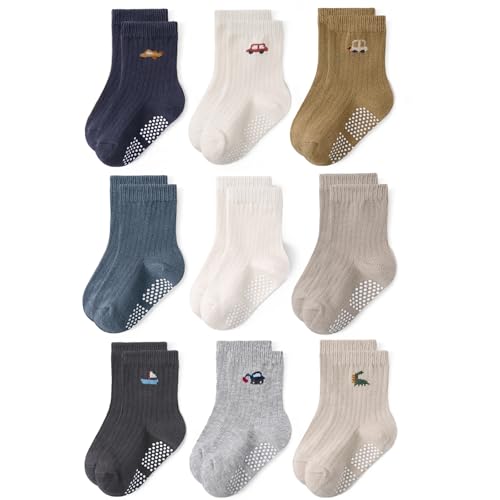 Bearbay Toddler Non Slip Cotton Crew Socks with Anti-slip Dots for Infant Baby Boys Girls 9 Pairs Cartoon Blue - Image 1