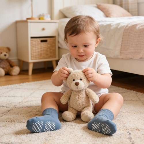 Bearbay Toddler Non Slip Cotton Crew Socks with Anti-slip Dots for Infant Baby Boys Girls 9 Pairs Cartoon Blue - Image 3