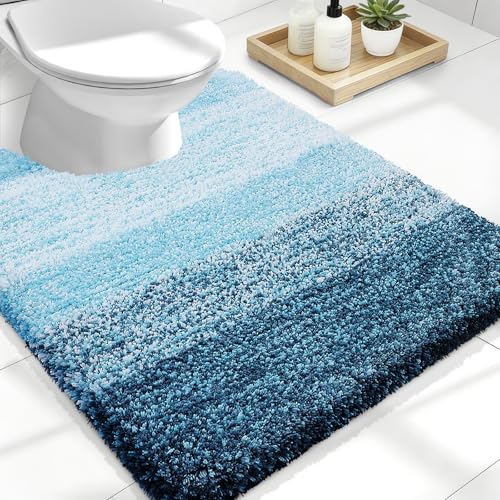 OLANLY Luxury Toilet Rugs UShaped 24x20 Extra Soft and Absorbent Microfiber Bathroom Rugs NonSlip Plush Shaggy Bath Mat Machine Wash Dry Contour Bathroom Mats for Toilet Base Peacock Blue - Image 1