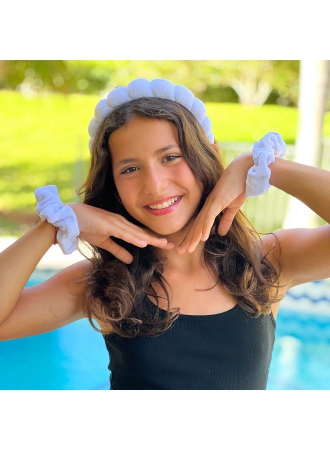 إسكدنيا عصابة رأس منتفخة وأساور معصم لغسل الوجه، عصابات رأس للعناية بالبشرة للنساء، عصابات رأس من قماش تيري للعناية بالبشرة للفتيات، إكسسوارات شعر من الفقاعات (أبيض) - Image 2