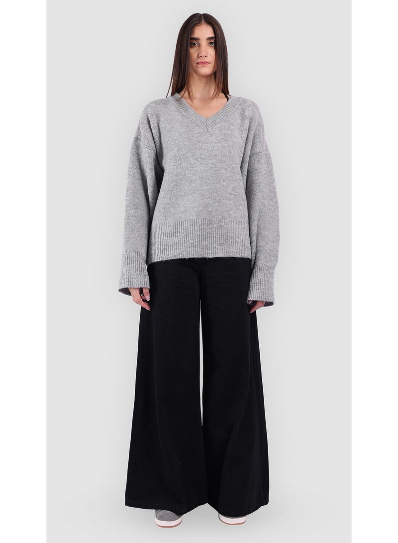 KYVELi Women Cozy V-Neck Knit Sweater- Grey - Image 2