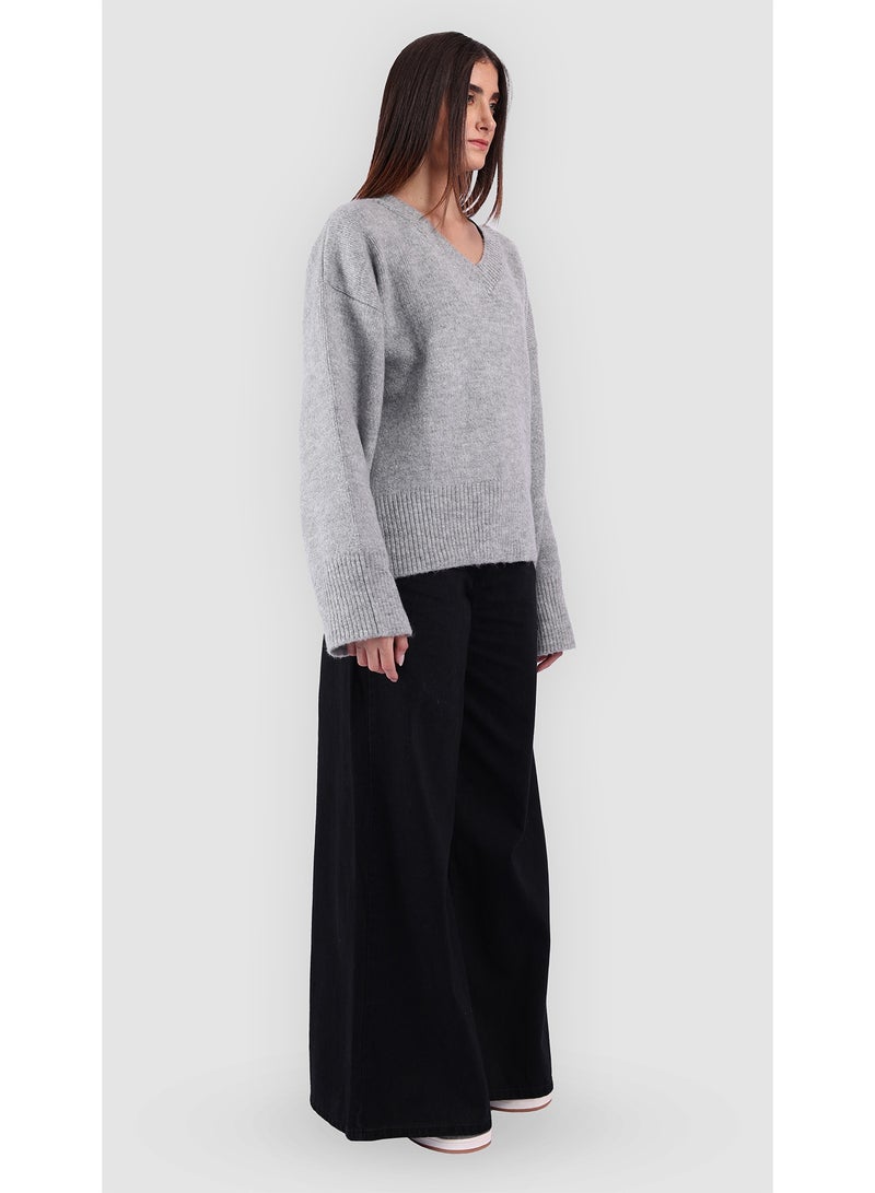 KYVELi Women Cozy V-Neck Knit Sweater- Grey - Image 3