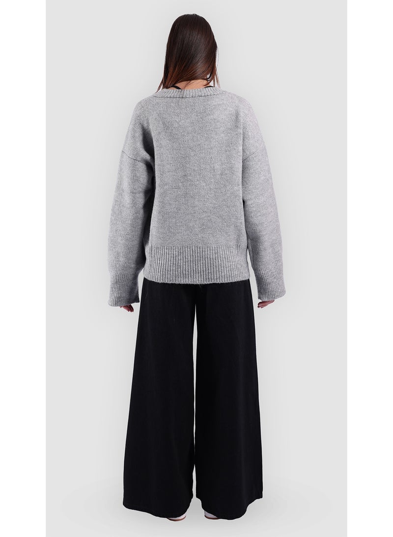 KYVELi Women Cozy V-Neck Knit Sweater- Grey - Image 5