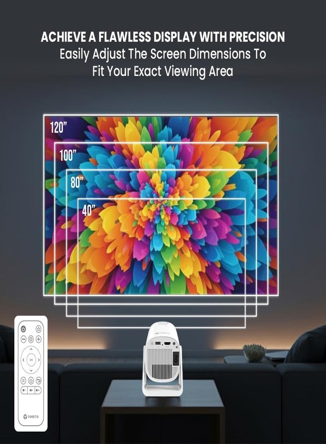 Toreto Prismo Full HD 1080P Smart Projector with WiFi Miracast (Android 12), 150 ANSI Lumens, 120” Display, Bluetooth, Screen Mirroring, HDMI/USB/Aux Support, 7 RGB Ambient Light - White - Image 5