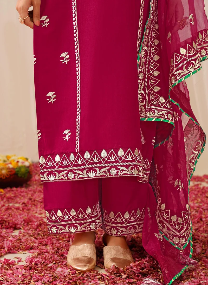 ZERESOUQ Deep Pink Silk Blend Solid Yoke Design 3-Piece Kurta Set