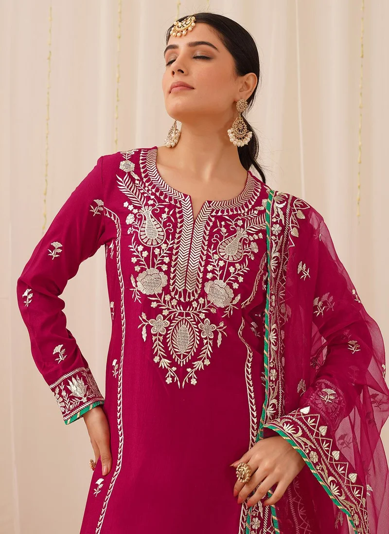 ZERESOUQ Deep Pink Silk Blend Solid Yoke Design 3-Piece Kurta Set