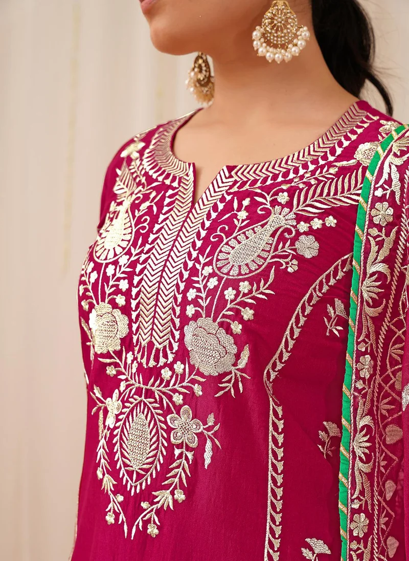 ZERESOUQ Deep Pink Silk Blend Solid Yoke Design 3-Piece Kurta Set