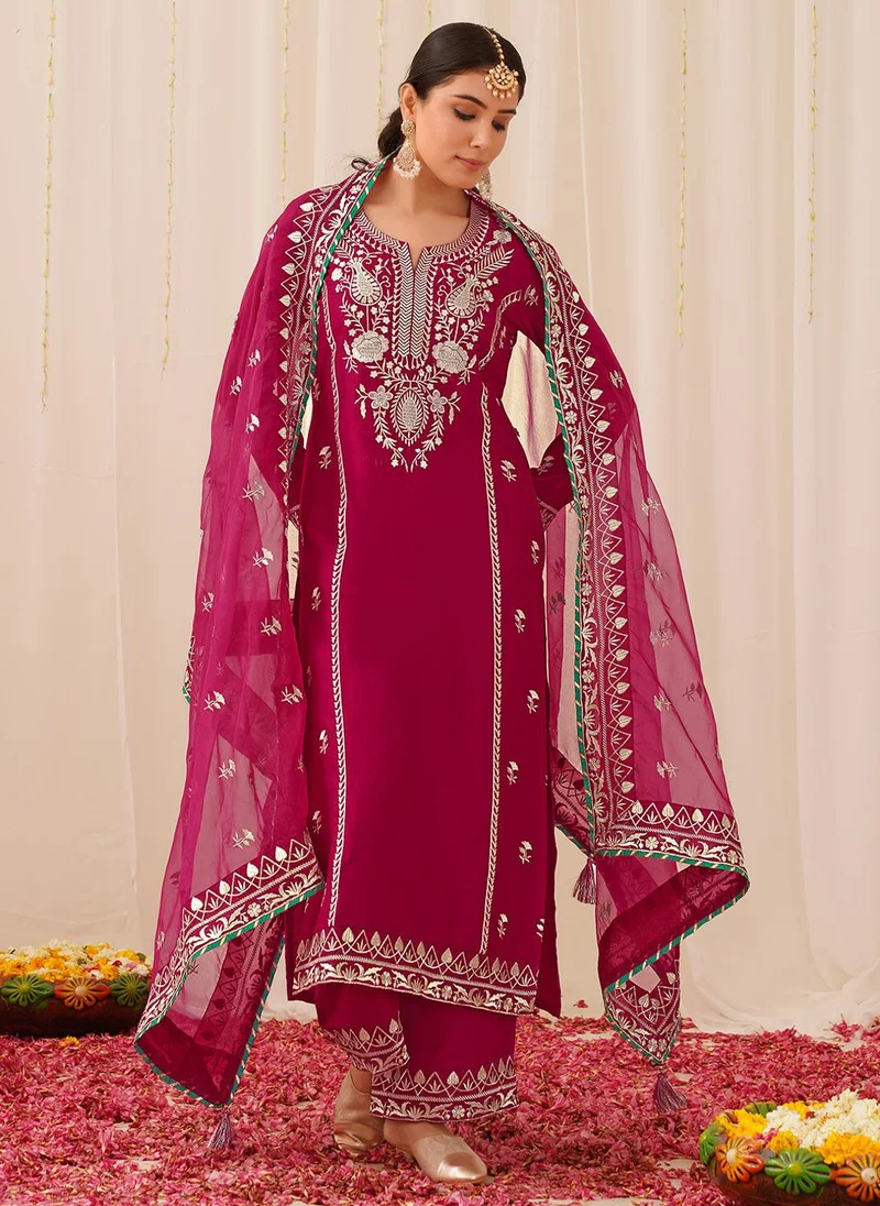 ZERESOUQ Deep Pink Silk Blend Solid Yoke Design 3-Piece Kurta Set
