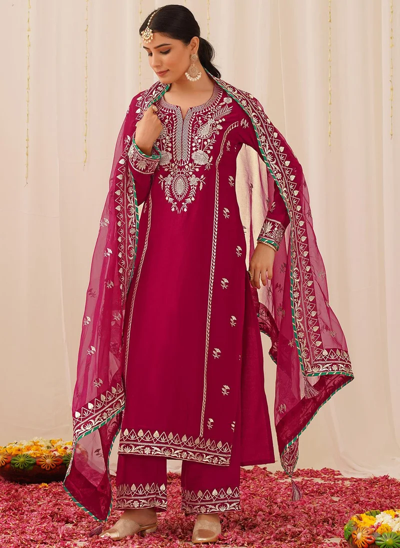 ZERESOUQ Deep Pink Silk Blend Solid Yoke Design 3-Piece Kurta Set