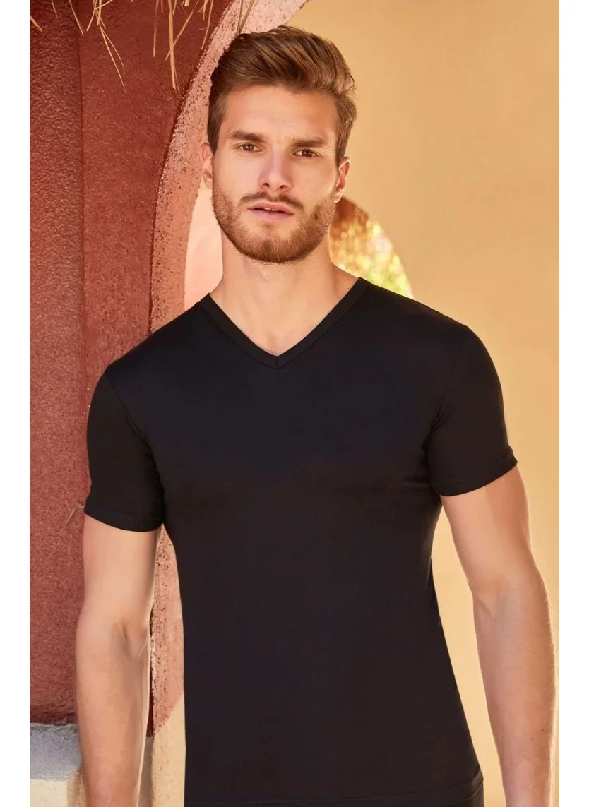 بيراك 1006 4-Pack (4 Pieces) 100% Cotton Black Color V Neck Short Sleeve Men's Undershirt