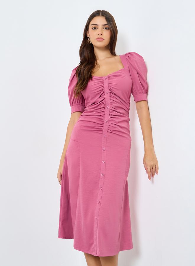 Styli Puff Sleeves Gathered Detail A-Line Midi Dress - Image 1