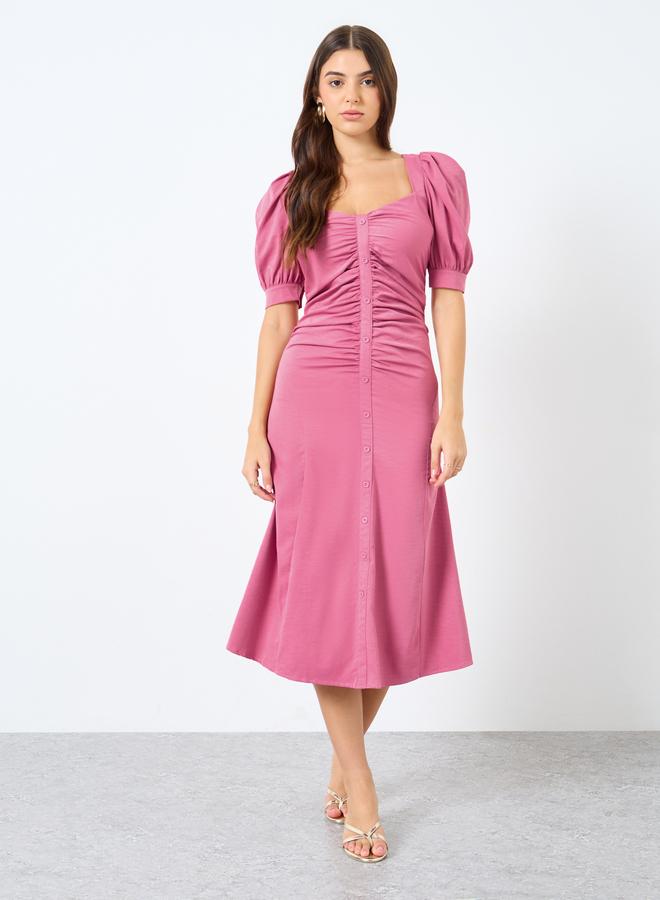 Styli Puff Sleeves Gathered Detail A-Line Midi Dress - Image 2