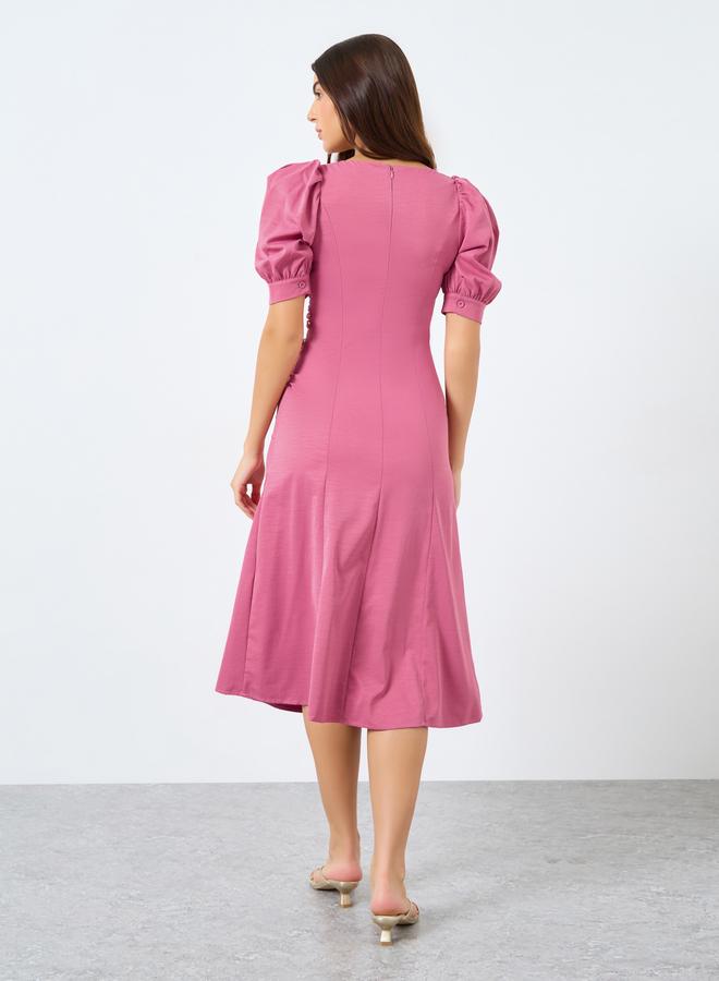 Styli Puff Sleeves Gathered Detail A-Line Midi Dress - Image 5