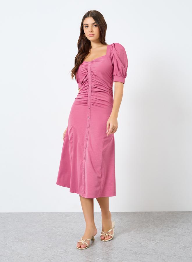 Styli Puff Sleeves Gathered Detail A-Line Midi Dress - Image 3