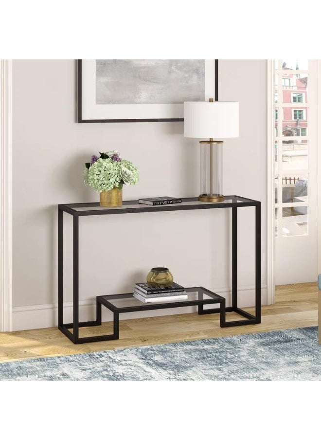 HOME TASTE Hometaste Metal Console Table Mirror Console Table With Clear Glass Shelves Metal Frame Console Table With Transparent Glass Shelves Console Table With Dual Clear Glass Shelves Black 