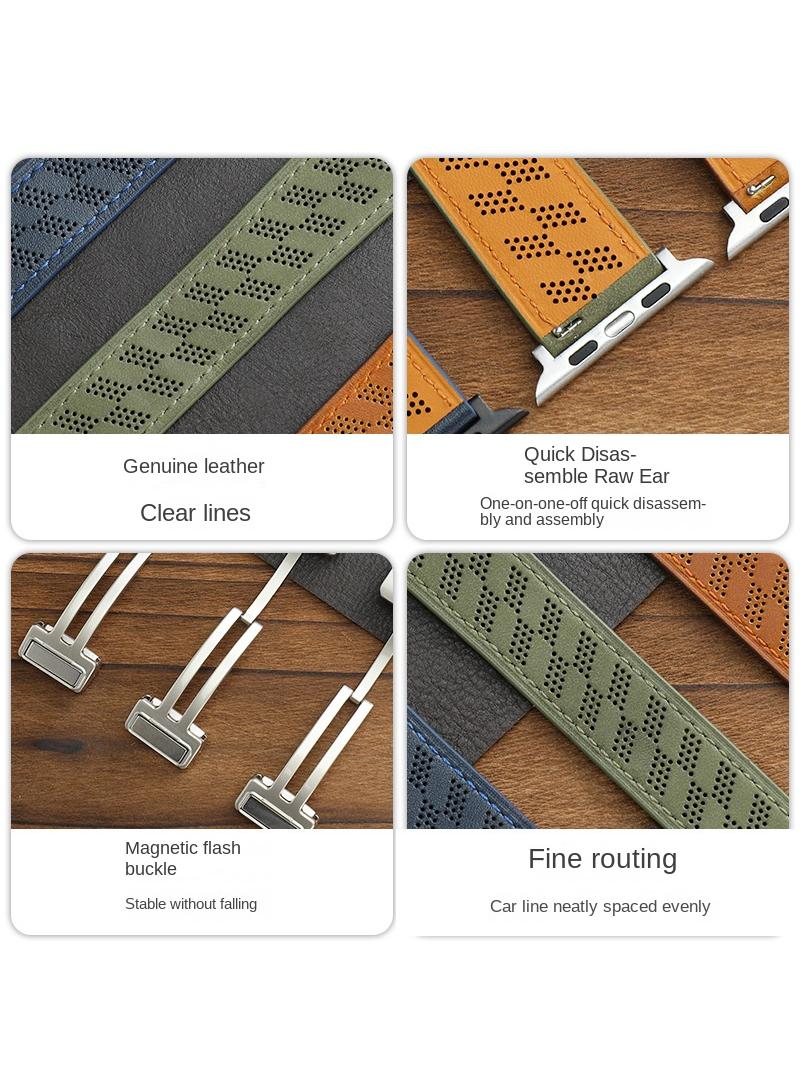 Y&D For Apple Watch 42/44/45/49MM Leather Breathable Microporous Folding Magnetic Buckle Strap - Image 3