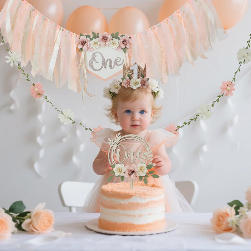 DCJHFJ Wildflower 1st High Chair Banner Birthday Party Decorations for Girl Light Pink One Flower Cake Topper 1st Birthday Decorations Supplies - Image 4