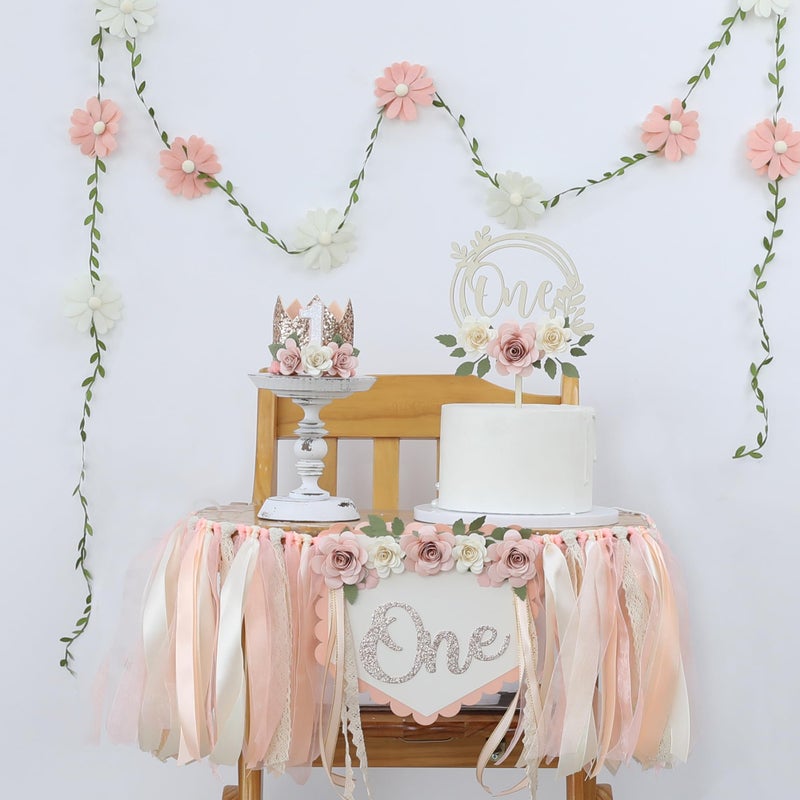 DCJHFJ Wildflower 1st High Chair Banner Birthday Party Decorations for Girl Light Pink One Flower Cake Topper 1st Birthday Decorations Supplies - Image 2