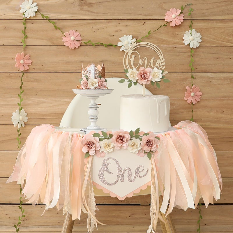DCJHFJ Wildflower 1st High Chair Banner Birthday Party Decorations for Girl Light Pink One Flower Cake Topper 1st Birthday Decorations Supplies - Image 1