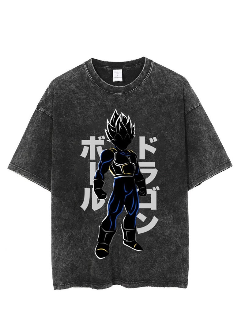 Washed Retro T-shirt Street Hip Hop Anime Dragon Ball Cartoon Print Casual Cotton Summer Short Sleeve - Image 1