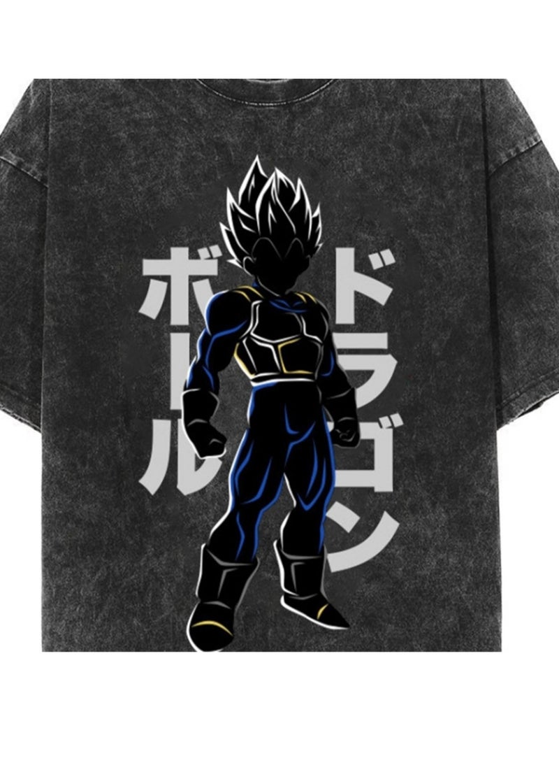 Washed Retro T-shirt Street Hip Hop Anime Dragon Ball Cartoon Print Casual Cotton Summer Short Sleeve - Image 4