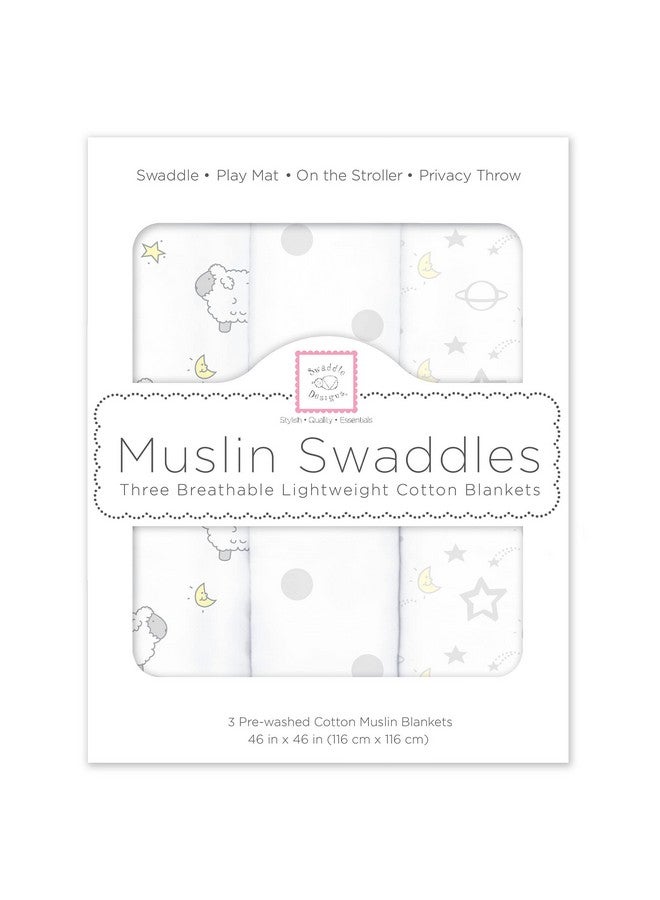 SwaddleDesigns Muslin Swaddle Blankets, Swaddle Blanket for Baby Girl and Baby Boy, Little Lambs Goodnight, Sterling Gray & Pastel Yellow, Set of 3 - Image 1