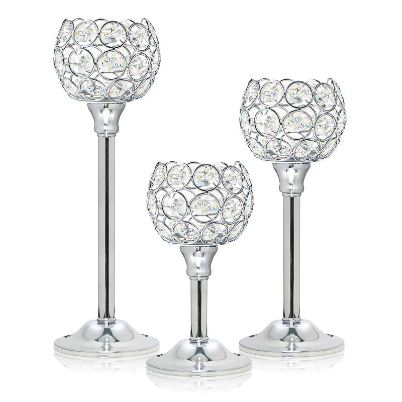 Kehail Set of 3 Silver Crystal Metal Tealight Candlestick Bling Bowl Candelabras Tall Votive Candle Holders Elegant Candle Centerpiece for Dining Table Wedding Decor - Image 2