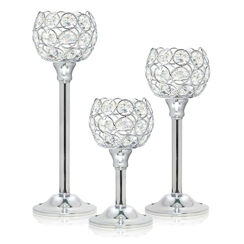 Kehail Set of 3 Silver Crystal Metal Tealight Candlestick Bling Bowl Candelabras Tall Votive Candle Holders Elegant Candle Centerpiece for Dining Table Wedding Decor - Image 1