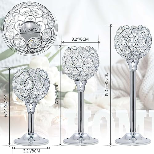 Kehail Set of 3 Silver Crystal Metal Tealight Candlestick Bling Bowl Candelabras Tall Votive Candle Holders Elegant Candle Centerpiece for Dining Table Wedding Decor - Image 3