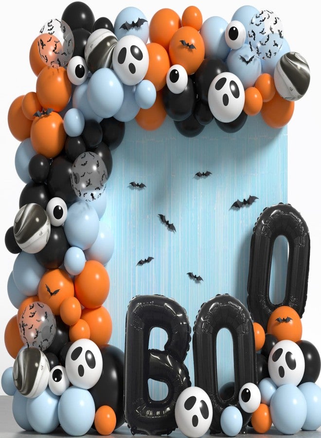 Janinus Blue Halloween Balloon Arch Kit for Boys Baby Shower Birthday Decorations - Halloween Balloons Garland with 12Pcs 3D Bat Stickers Fringe Curtains and B00 Balloons - Image 1