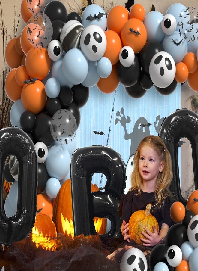 Janinus Blue Halloween Balloon Arch Kit for Boys Baby Shower Birthday Decorations - Halloween Balloons Garland with 12Pcs 3D Bat Stickers Fringe Curtains and B00 Balloons - Image 4
