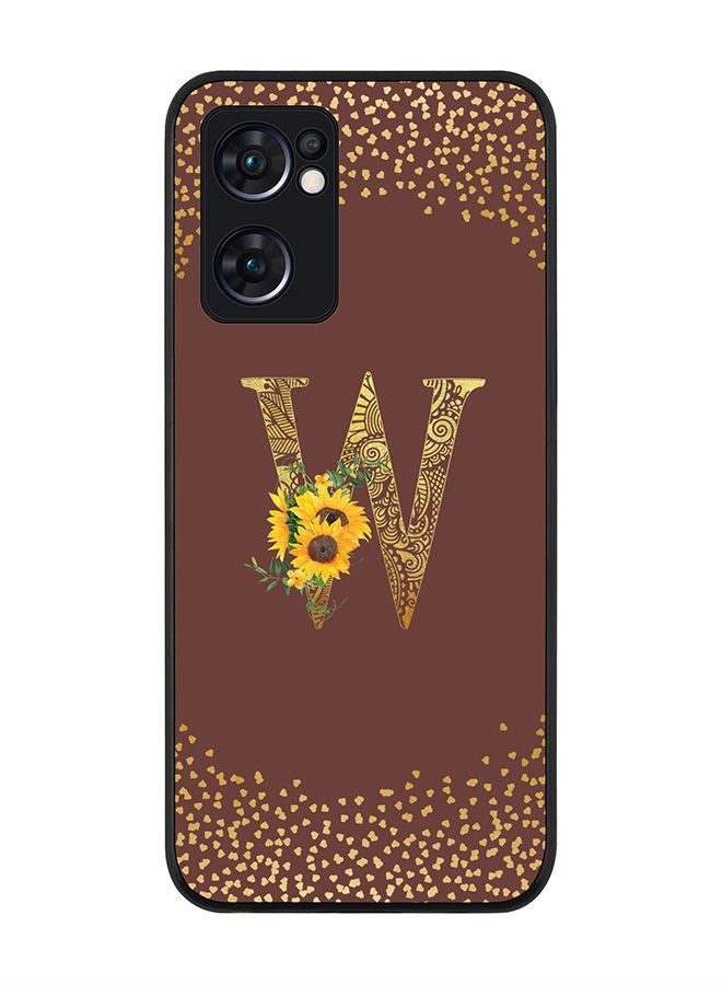 Stylizedd Rugged Black edge case for Oppo Reno7 5G  Slim fit Soft Case Flexible Rubber Edges Anti Drop TPU Gel Thin Cover - Custom Monogram Initial Letter Floral Pattern Alphabet - W (Brown ) - Image 1