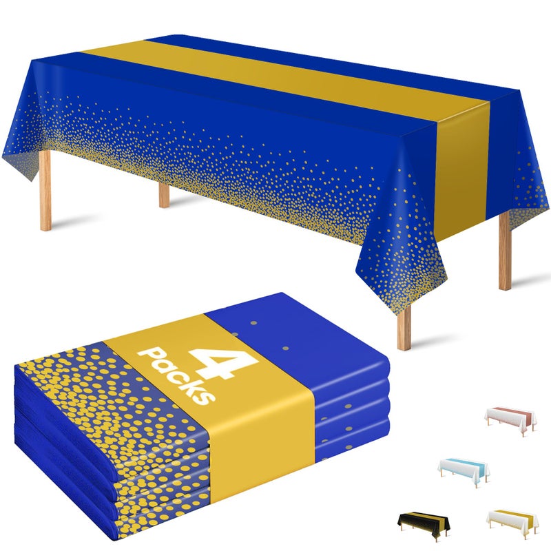 أوهوم 4 عبوات من أغطية الطاولات البلاستيكية القابلة للاستخدام لمرة واحدة للحفلات باللون الأزرق الملكي والذهبي لأغطية الطاولات المستطيلة لتخرج من المدرسة وحفلات الزفاف وأعياد الميلاد واحتفالات يوم الآباء واحتفالات عيد الميلاد 54 × 108