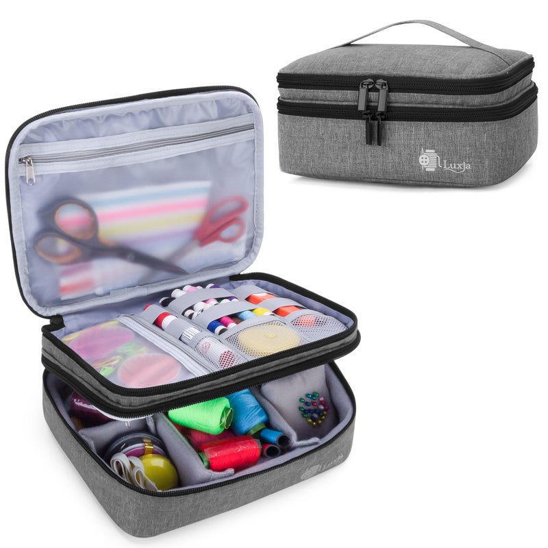 Luxja Double-Layer Sewing Supplies Organizer, Sewing Accessories Organizer for Needles, Thread, Scissors, Measuring Tape and Other Sewing Tools (Bag Only), Medium/Gray