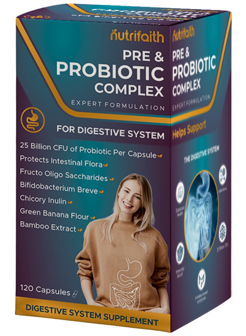 Nutrifaith Pre & Probiotic Complex – Digestive Health & Gut Flora Support Capsules – 120 Capsules - Image 2
